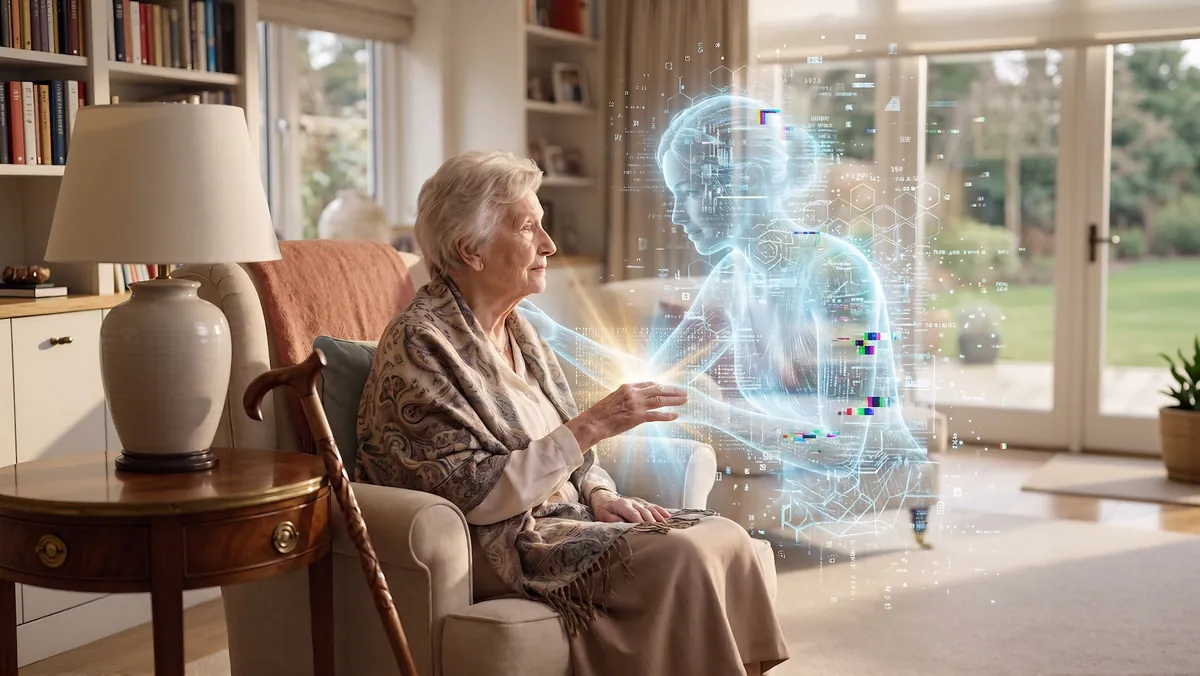 An elderly woman in an armchair reaches toward a glowing holographic AI companion in her living room.