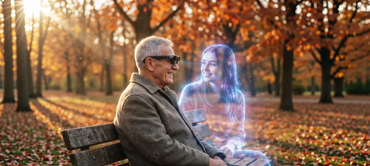 An older man wearing AR glasses on an autumn park bench smiles at a holographic young woman sitting beside him.
