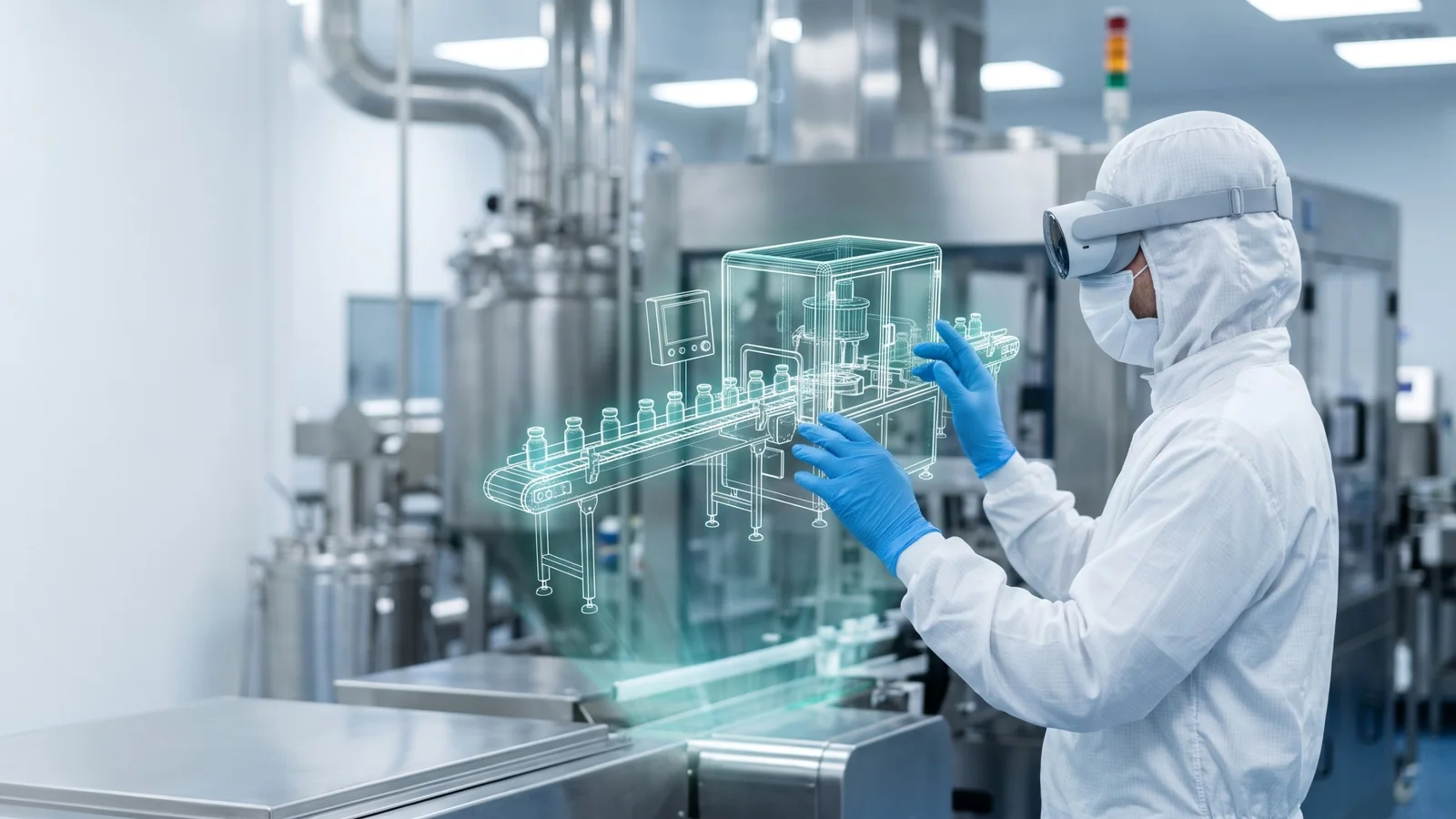 A pharmaceutical operator in a cleanroom gown, mask, blue gloves and a VR headset reaches toward a glowing holographic model of a vial filling line in a sterile production hall.