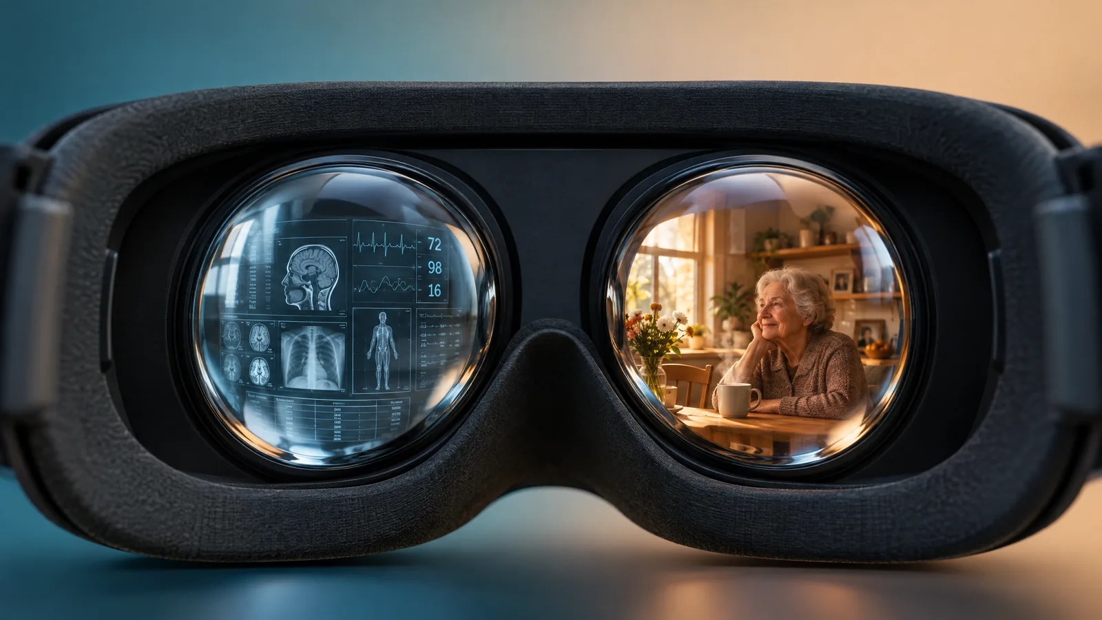 Close-up of a VR headset. One lens shows clinical data (brain scans, an X-ray, vital signs); the other shows an elderly woman smiling at her kitchen table.