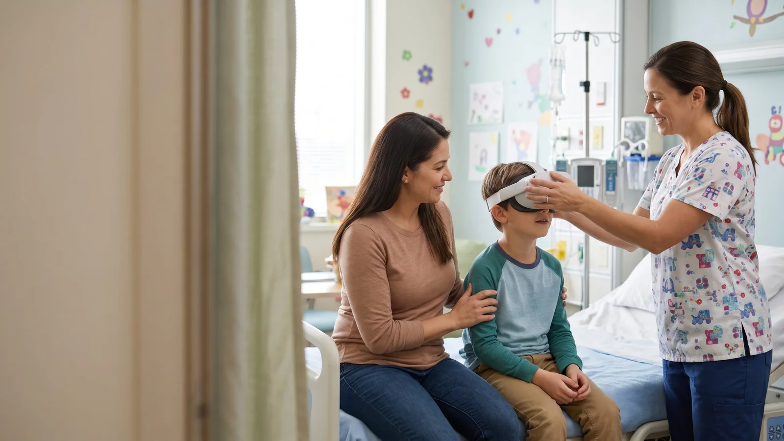 In a paediatric hospital room, a smiling nurse fits a white VR headset on a boy sitting on the bed while his mother holds his shoulder.